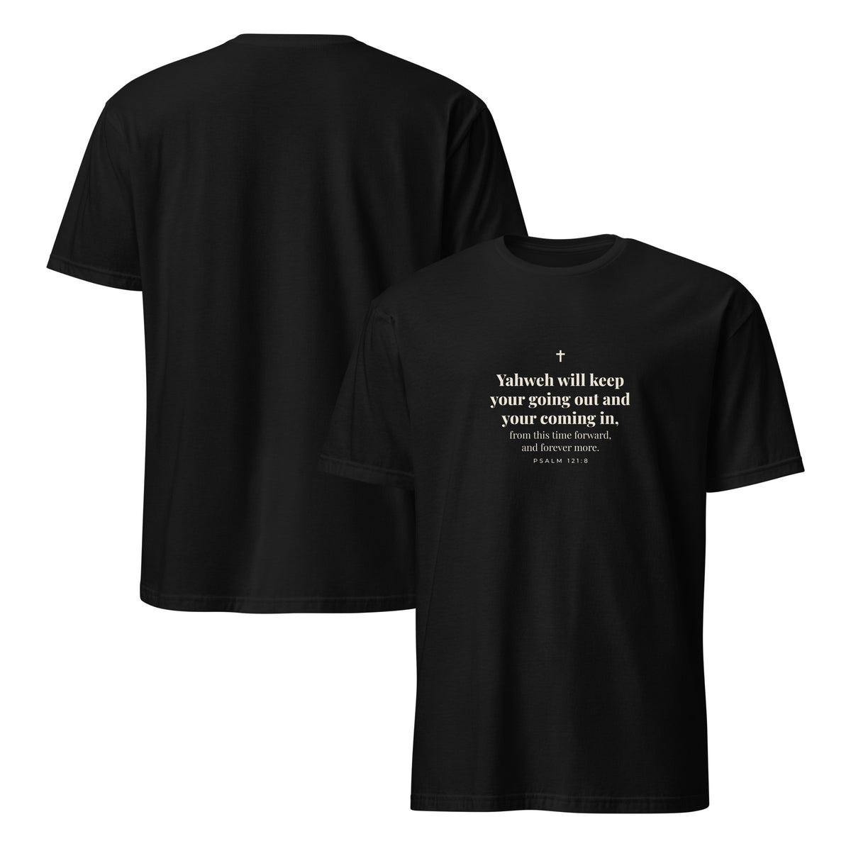 Psalm 121:8 T-Shirt in Black – front and back mockup
