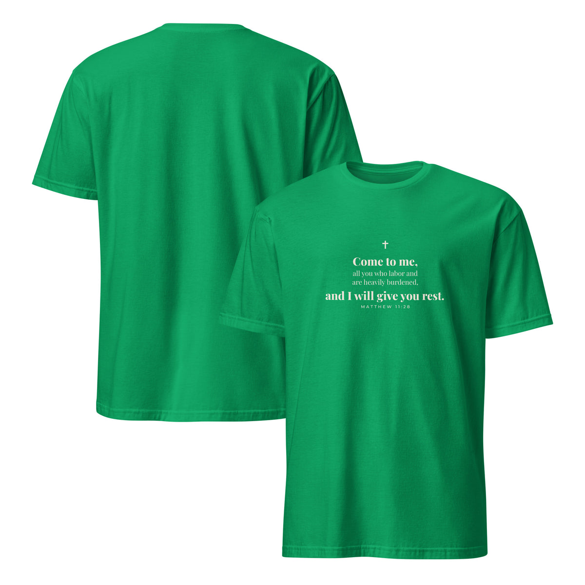 Matthew 11:28 T-Shirt in Irish Green – front and back mockup