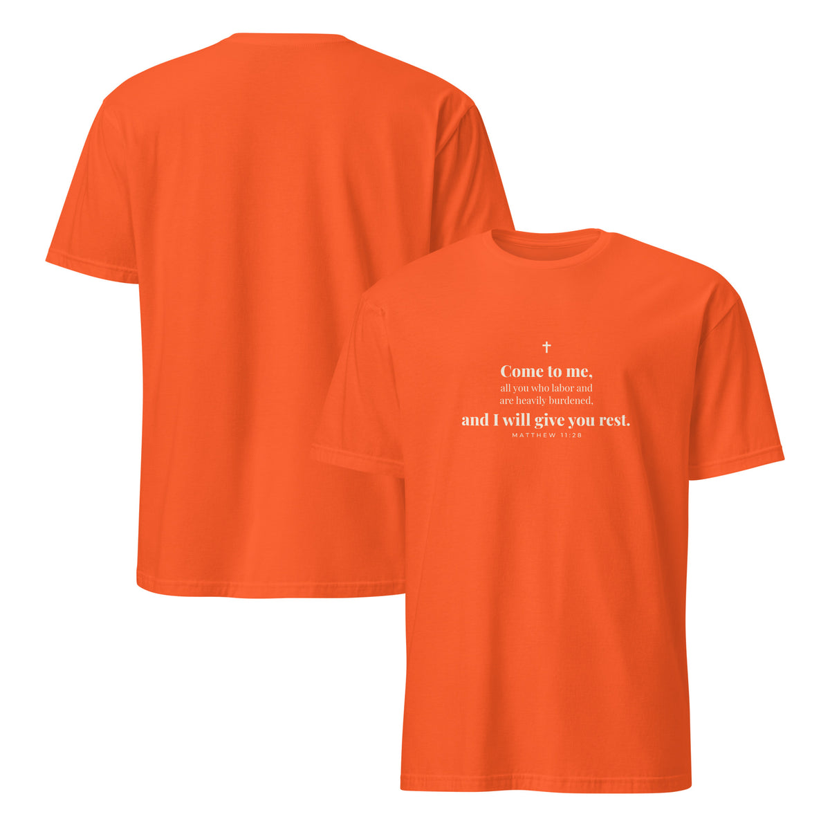 Matthew 11:28 T-Shirt in Orange – front and back mockup