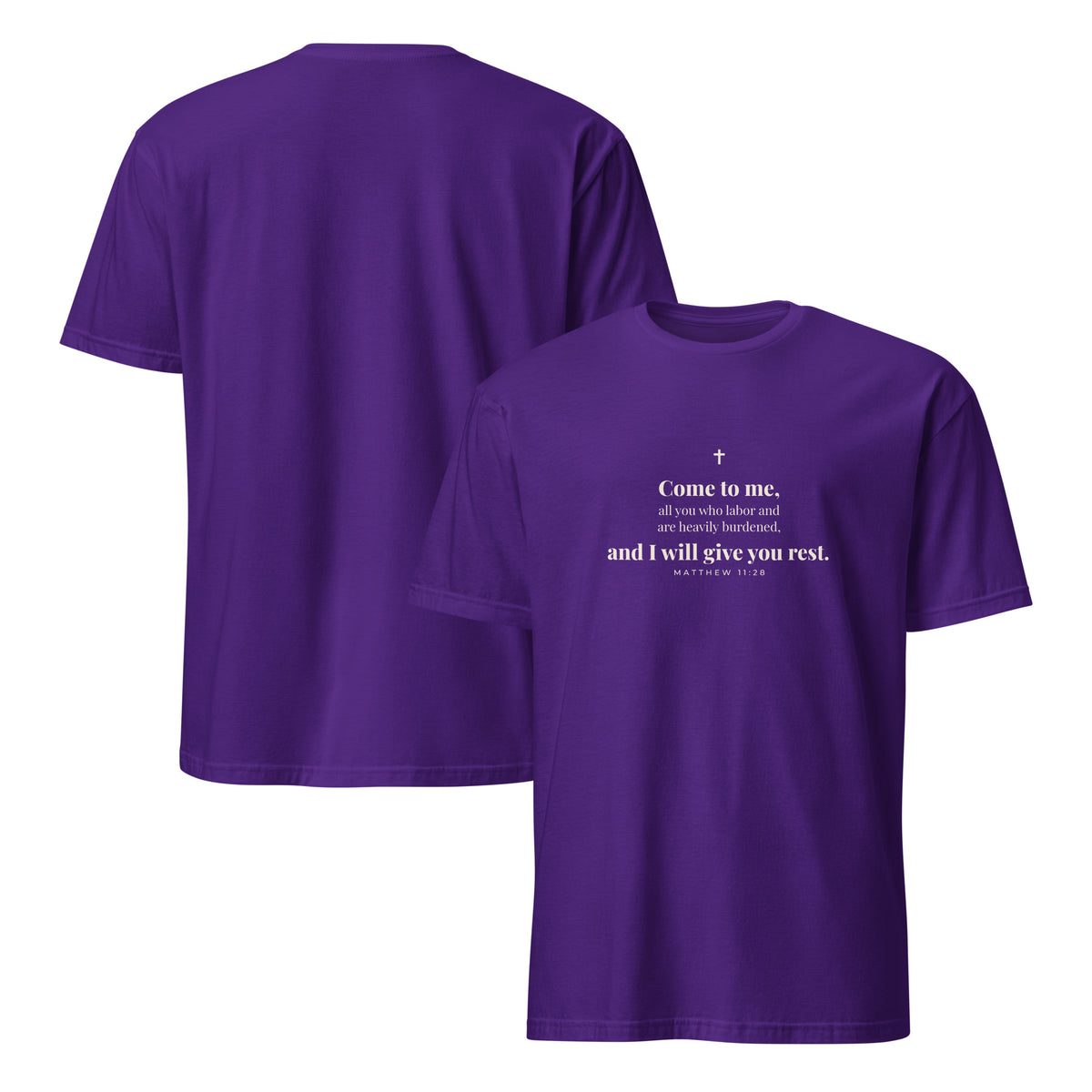 Matthew 11:28 T-Shirt in Purple – front and back mockup