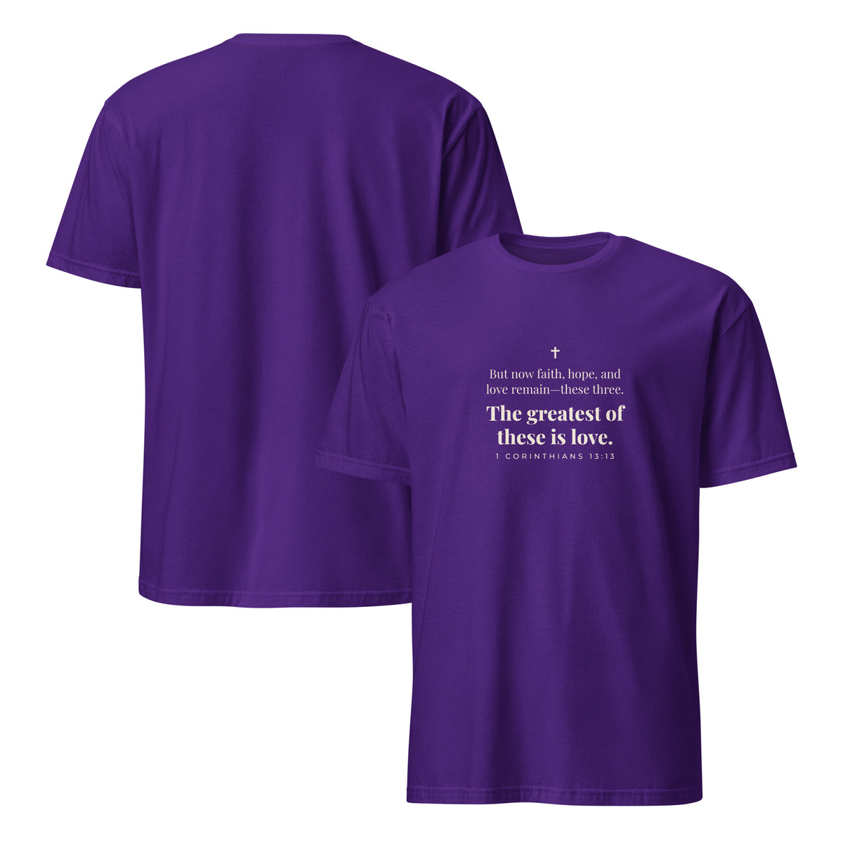 1 Corinthians 13:13 T-Shirt in Purple – front and back mockup