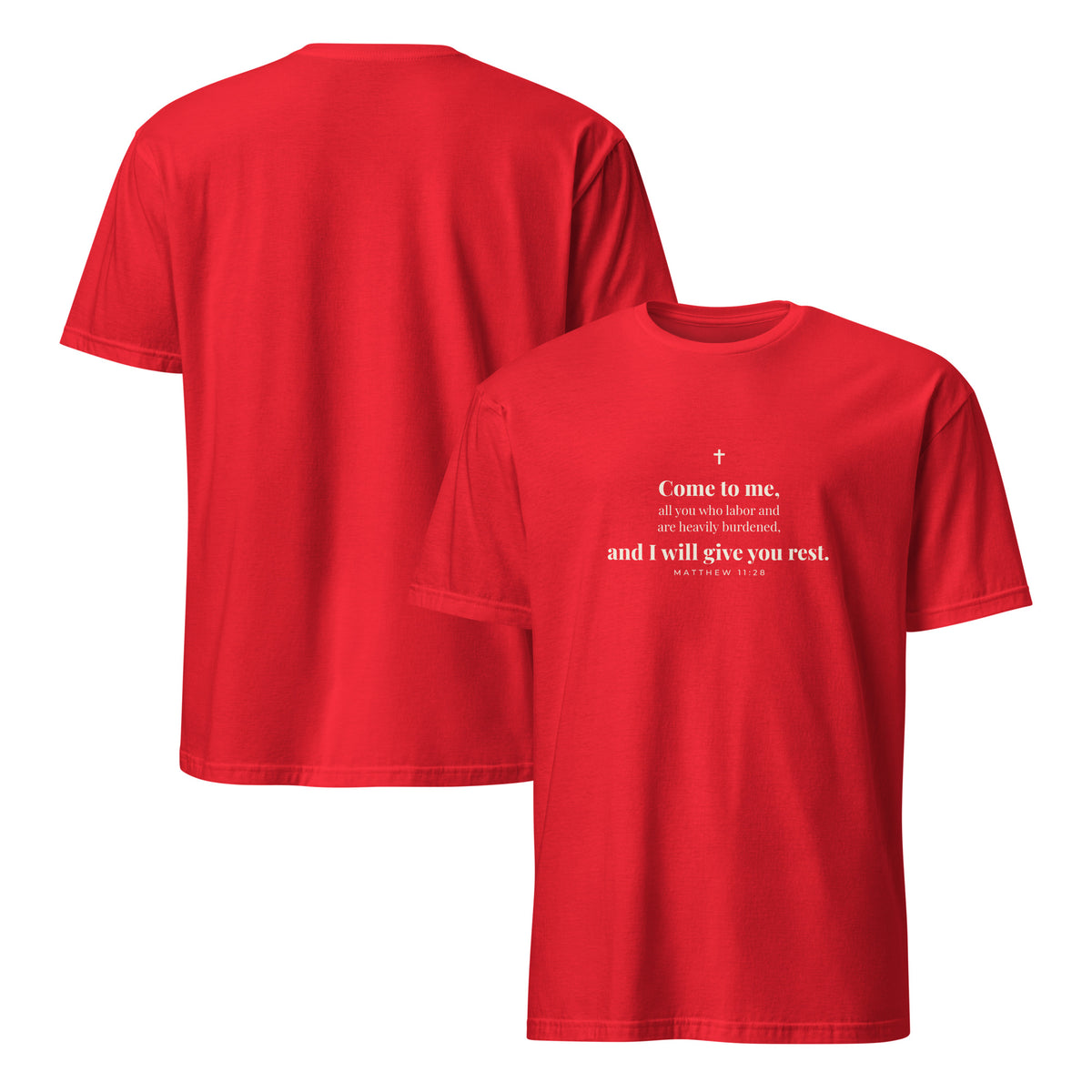 Matthew 11:28 T-Shirt in Red – front and back mockup