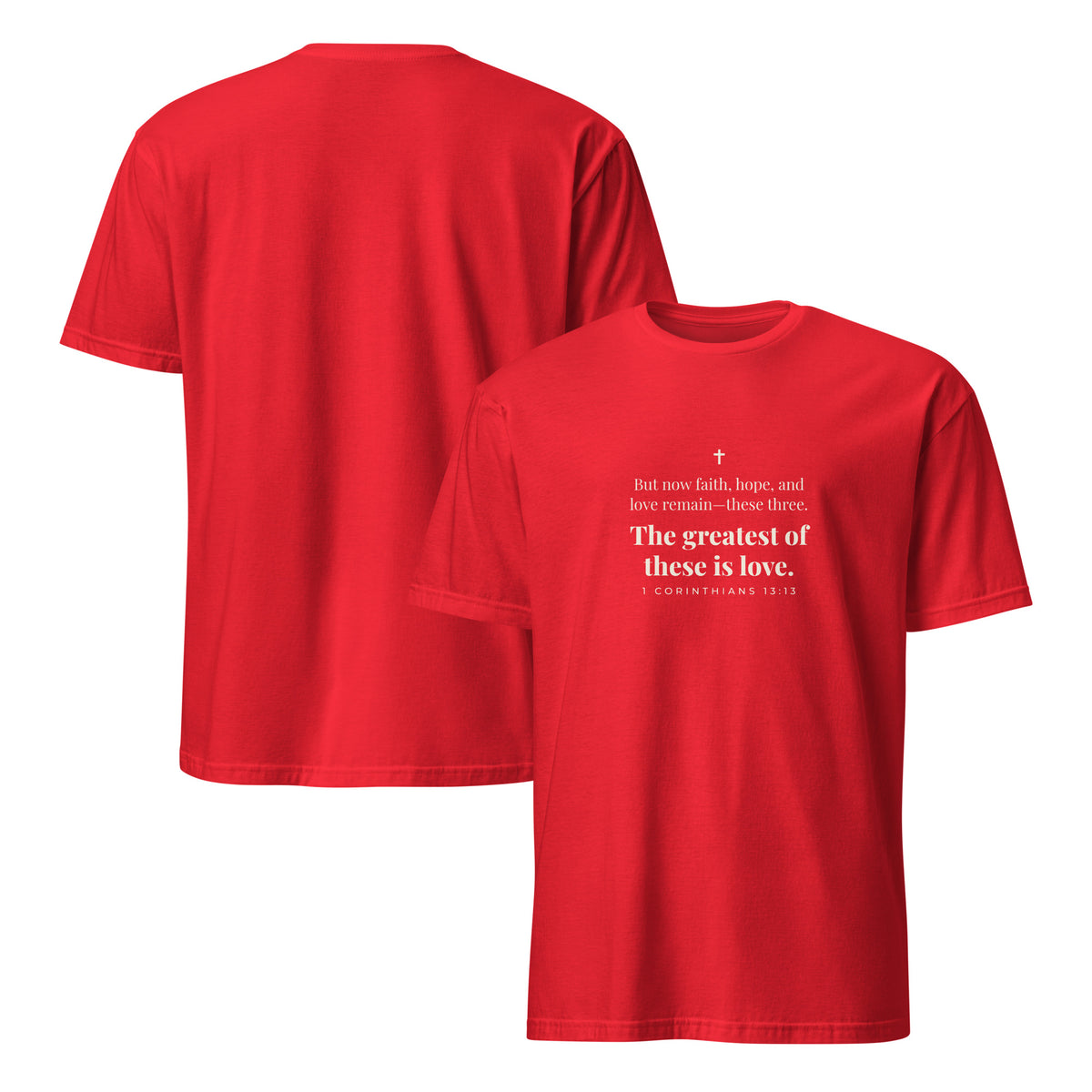 1 Corinthians 13:13 T-Shirt in Red – front and back mockup