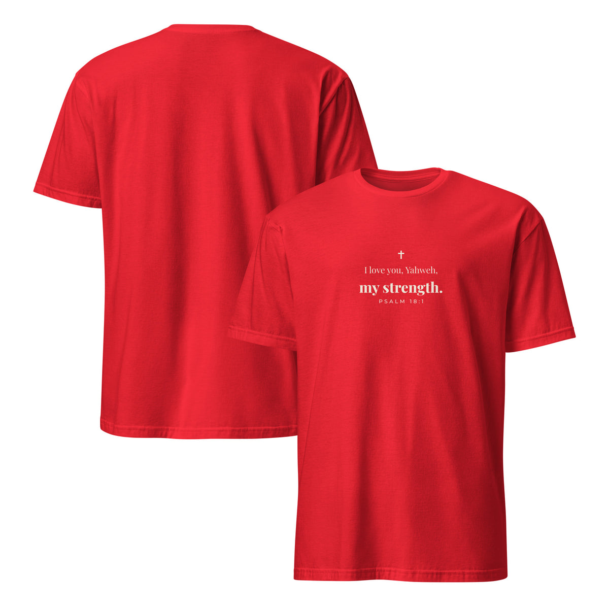 Psalm 18:1 T-Shirt in Red – front and back mockup